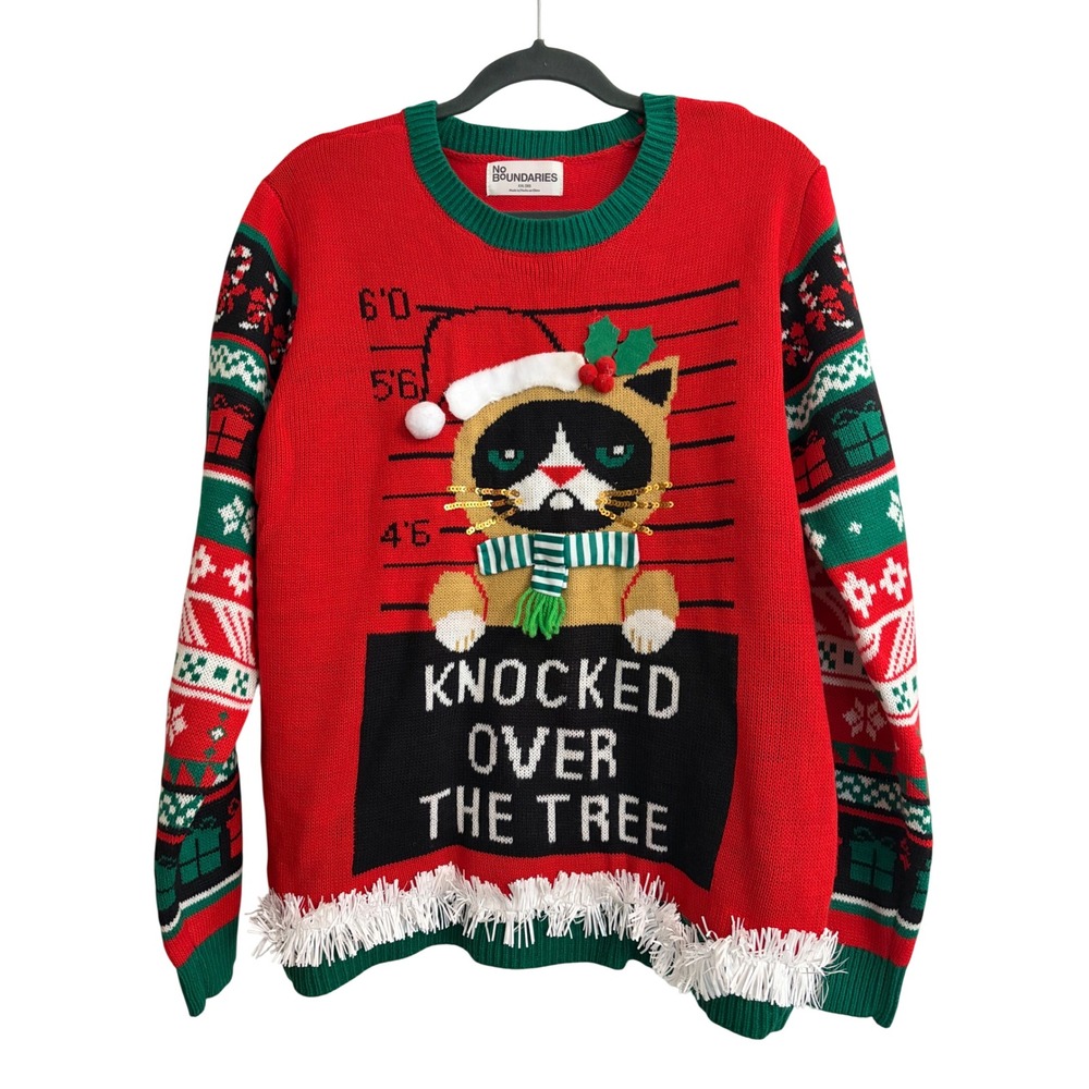 Ugly Christmas Sweater XXL (20) Red Holiday Festive Grumpy Cat No Bounderies